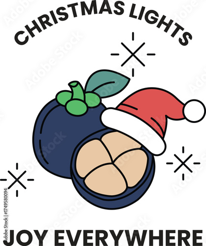 A Christmas light themed image with a hat and a fruit
