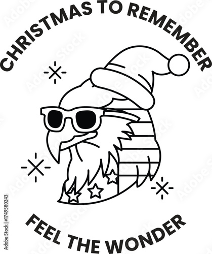 A black and white image of a bald eagle wearing sunglasses and a Santa hat