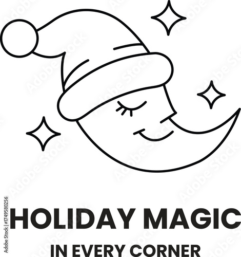 A black and white drawing of a smiling moon with a hat on it