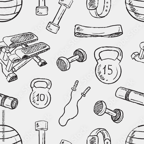 Hand drawn fitness equipment pattern. Vector sketch illustration in vintage crayon charcoal style. Dumbbells, kettlebells, stepper, yoga mat, jumping rope, fitball, smartwatch. Wallpaper design