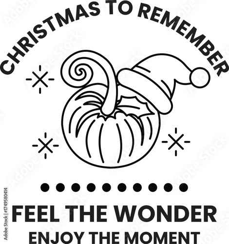 A black and white image of a pumpkin with a santa hat on top of it