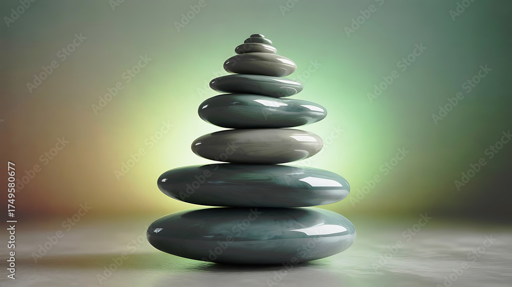 Fototapeta premium Stack of smooth gray stones balanced in perfect equilibrium against a soft green and yellow gradient background