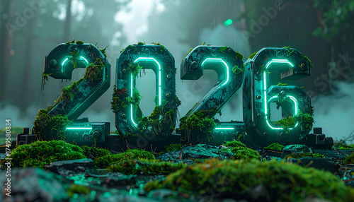 Futuristic 2026 glowing numbers in a mystical forest.
