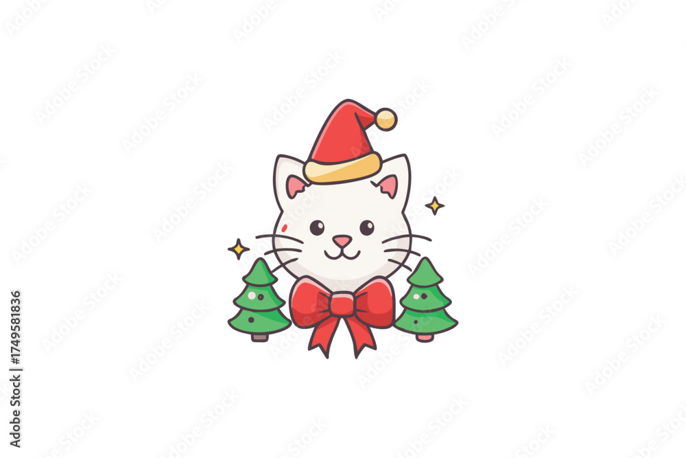 Obraz premium Festive cat with christmas trees and a red bow silhouette