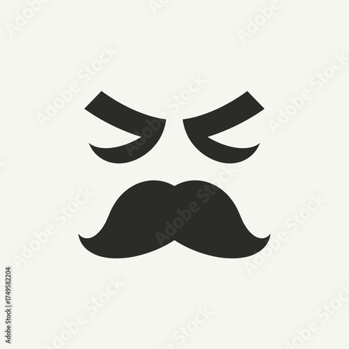 Isolated face with stern eyebrows and mustache on white background. Isolated face conveys seriousness with its stark and simple design, featuring only dark eyebrows and a mustache.