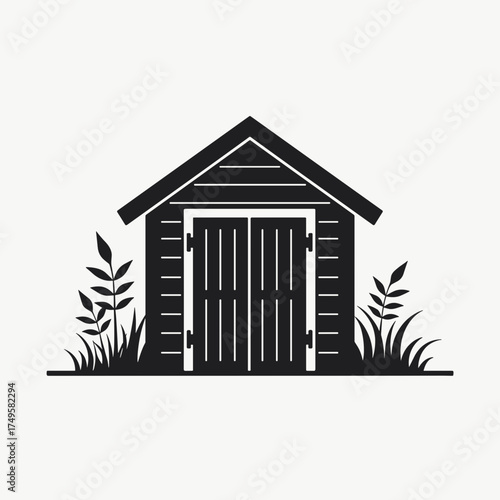 Isolated shed in black and white against a neutral background. Isolated shed image features grass and plant life with a simple and clean design, making it modern and clear,