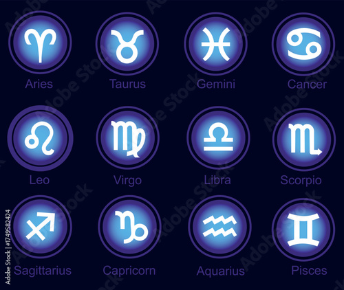 A modern vector set of 12 zodiac signs with a luminous blue and white design. Perfect for web, apps, print, and merchandise. Scalable, complete set.