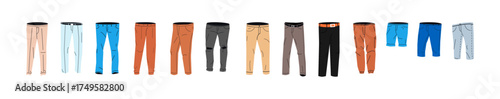 Collection of various style men pants and shorts with different colors and designs. Fashion clothes for wardrobe or dress up game character.