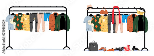 Wardrobe comparison with clothing rack. Two sets of male clothing showing a difference in style. Fashion concept.