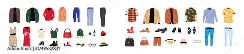 Various everyday clothes for men and women collection. Stylish modern fashion outfit set for shop. Apparel wardrobe bundle.
