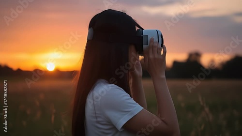 Young Woman Wearing VR Headset Outdoors During Sunset