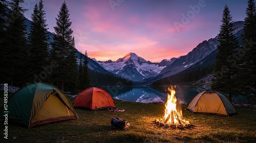 Wallpaper Mural Peaceful Mountain Campsite with Tents and Campfire at Sunset. Torontodigital.ca