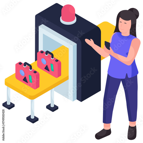 A colored design illustration of airport baggage checking 
