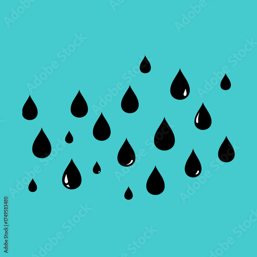 Black raindrops falling against a vibrant turquoise background, creating a playful and refreshing atmosphere
