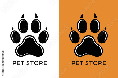 A stylized paw print logo representing a pet store, featuring contrasting colors and clear typography