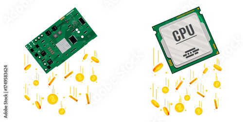 Computer motherboard and CPU processor dropping golden coin. Technology hardware components generating money. Cryptocurrency mining concept for digital finance.