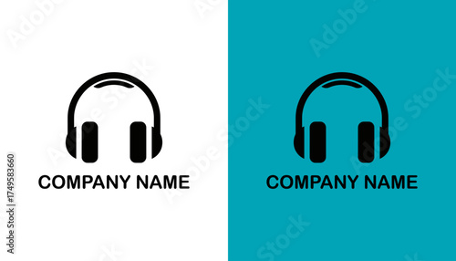 Dual-colored headphone logo design featuring a bold black silhouette on contrasting backgrounds