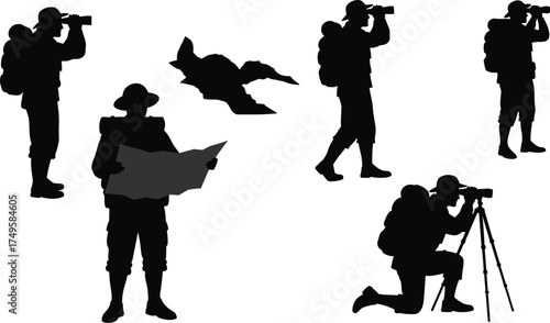 Collection of Hiker Silhouettes, Exploring, Photography, Navigation, Observation, Trekking, Backpacking, Outdoor Adventure, Travel and Leisure Set, Vector.
