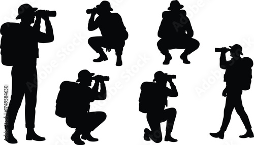 Hiker Photographer Silhouettes with Binoculars, Observing, Exploring, Wildlife Watching, Nature Photography, Adventure Travel, Outdoor Recreation, Discovery, Scout.