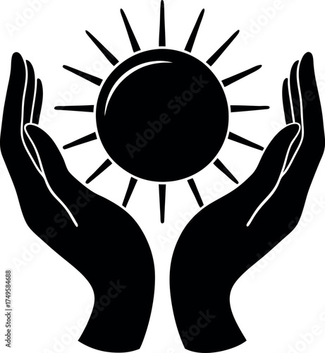 Holistic healing symbol with glowing hands holding spiritual energy light, representing wellness, balance, meditation, alternative medicine, and positive energy.