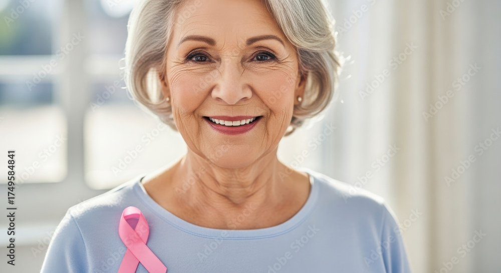 Fototapeta premium Senior Woman Shows Support for Breast Cancer Awareness with Pink Ribbon