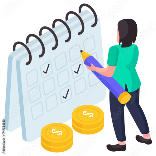 illustration of money with calendar, isometric design of payment day