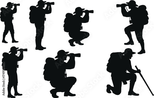 Hiker Photographer Silhouettes with Binoculars, Observing, Exploring, Wildlife Watching, Nature Photography, Adventure Travel, Outdoor Recreation, Discovery, Scout.