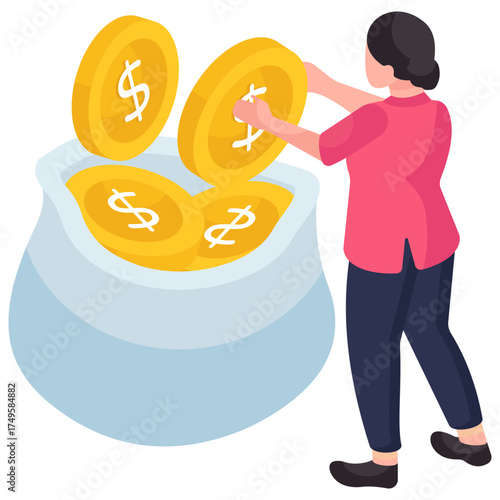 Dollar insider bag, isometric design of money collection 