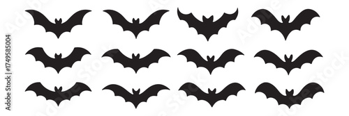 Set of 6 Black Halloween Bat Silhouette Icons on White Background – Vector Illustration for Spooky Holiday Designs, Party Decor, and Seasonal Graphics