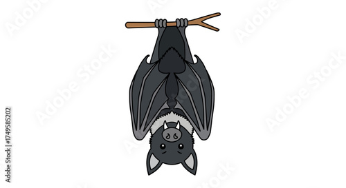 Cartoon bat hanging upside down from a branch, perfect for Halloween decorations, children's books, or spooky themed party invitations