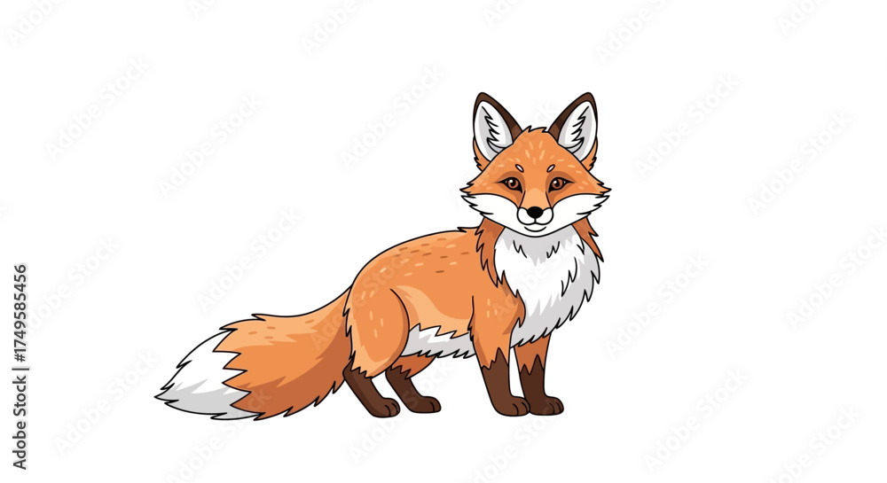 Fototapeta premium Adorable cartoon fox with fluffy tail makes a charming addition to children's books and storybook illustrations with its delightful expression