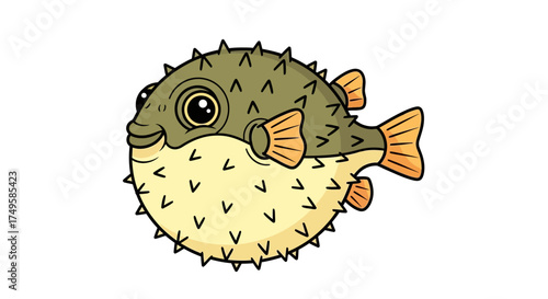 Adorable pufferfish character with big eyes and spiky body, perfect for kids' books, educational resources, and playful designs for a fun, aquatic theme
