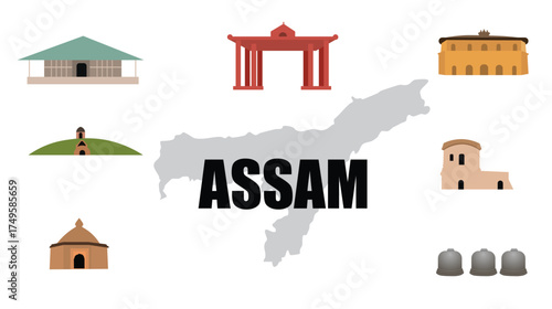 Assam India map with famous landmarks, cultural icons and regional heritage illustration
