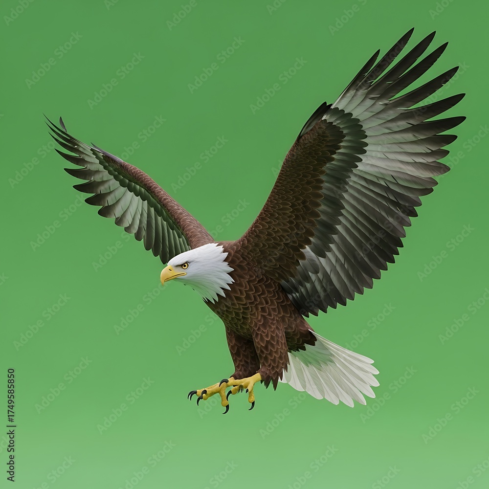 Fototapeta premium Majestic Bald Eagle Soaring with Open Wings Against Green Background.