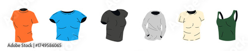 Set of various colorful shirts, sweatshirts, and tank tops. Collection of everyday clothing items in flat style for fashion catalog or online store.
