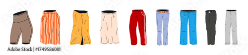 Collection of various style of pants and trousers on display. Fashion catalog design for clothing store or online shopping. Modern apparel choice.