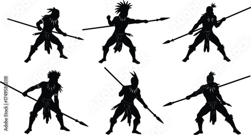 African Tribal Warrior Silhouette Collection, Set of Six Isolated Vector Graphics, Native Hunter with Spear and Headdress, Indigenous Culture and Ethnic History, Action Pose Clipart.