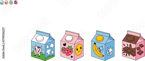 Colorful milk carton vector, strawberry banana chocolate flavors, cute packaging design, dairy product illustration for kids, food and beverage content