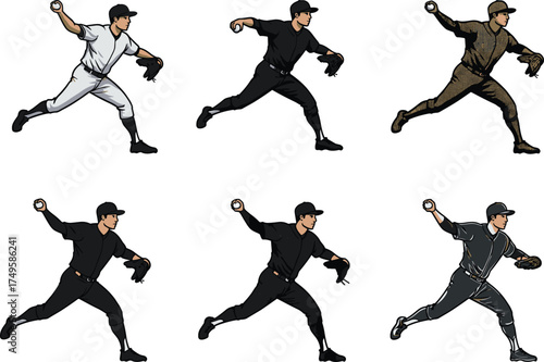 Baseball player throwing action, sports character illustration, uniform variations, dynamic pose, athlete motion, vector artwork for animation, design, and stock content