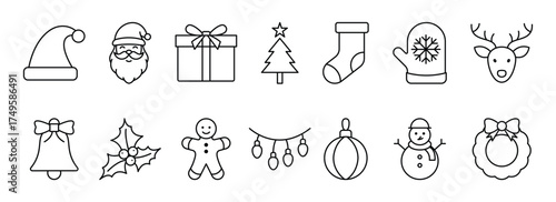 christmas holiday icon set outline santa gift tree stocking bell snowman winter festive line art vector collection