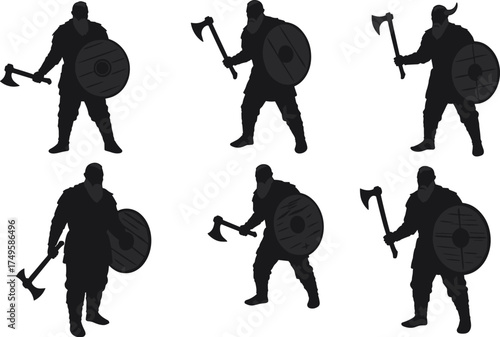 Viking Warrior Silhouette Collection, Set of Six Isolated Vector Graphics, Norseman with Axe and Shield, Ancient Scandinavian Mythology, Historical Medieval Fantasy Character, Dark Shadow.