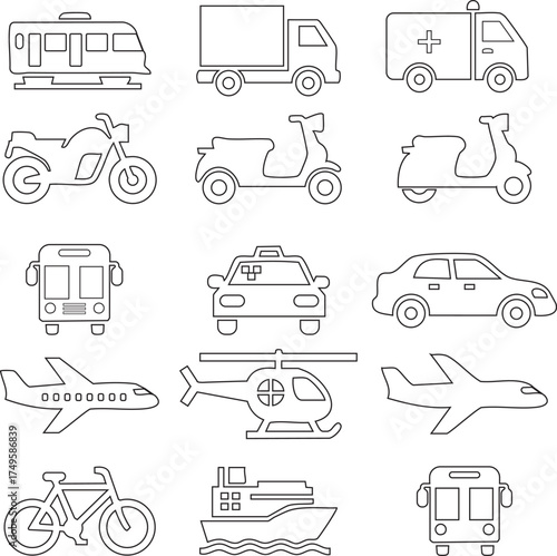 Outline Icons of Various Modes of Transportation vector
