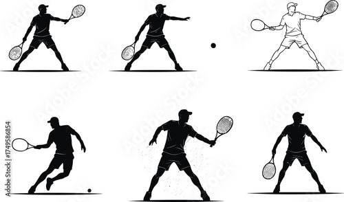 Tennis player silhouette vector, racket swing illustration, black athlete action pose, dynamic sports movement, ball hitting concept, court technique icon