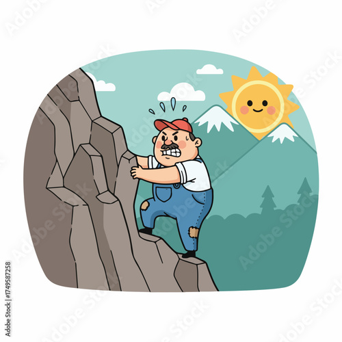 Motivational cartoon man climbing a steep rock with determination under bright sky. Inspiring vector illustration symbolizing effort, perseverance, and success