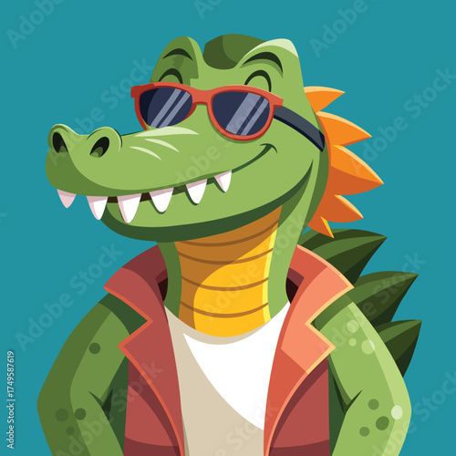 Cool cartoon crocodile wearing sunglasses and a leather jacket, smiling confidently