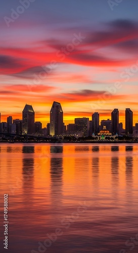 San Diego Skyline at Sunset - A Vibrant Reflection on the Water.