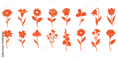 Collection of flower silhouettes. Flowers and plants set silhouette on a white background.
