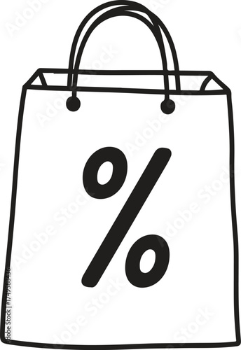 Black shopping bag with percentage symbol isolated on transparent background.Black line shopping bag icon.
