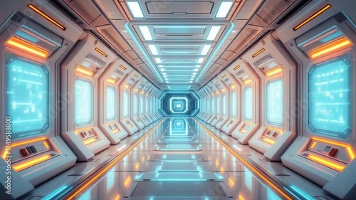 Futuristic Spaceship Interior - A Journey Through the Neon Corridor.