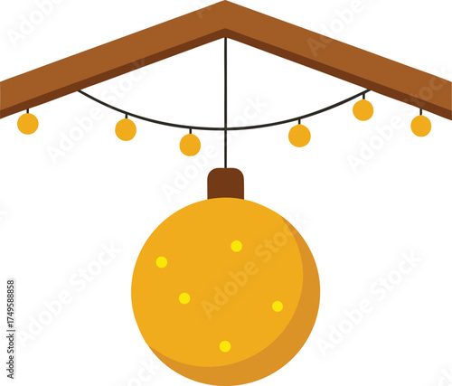 Golden bauble hanging from wooden veranda beam glowing in evening light